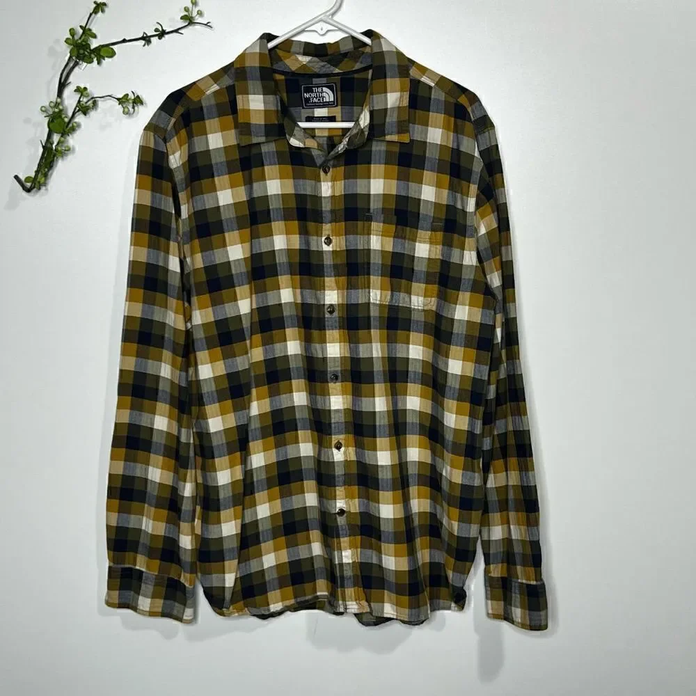 The North Face Blue Brown Mustard Cream Plaid Cotton Button Down Shirt